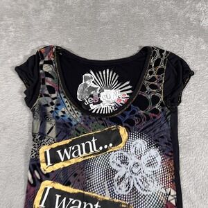 Desigual Shirt Womens Small Black Multicolor Graphic Less Is More Boho Top